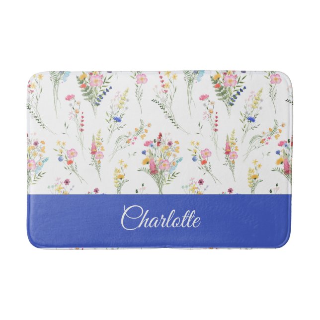  Wildflower Watercolor Floral Pattern Bath Mat (Front)