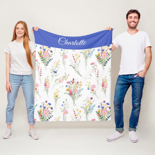  Wildflower Watercolor Floral Pattern Name Fleece Blanket (In Situ)