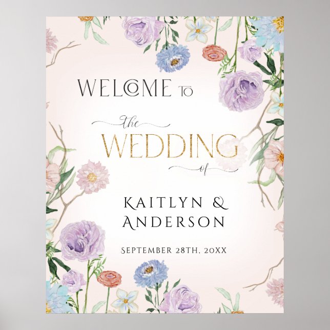 Wildflower Watercolor Floral Pink Welcome Wedding  Poster (Front)