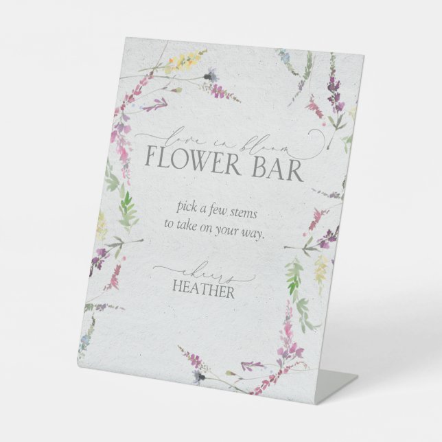Wildflower Watercolor Floral Shower Flower Bar Pedestal Sign (Front)