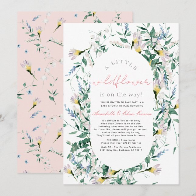 Wildflower Watercolor Girl Baby Shower by Mail Invitation (Front/Back)