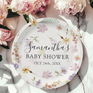 Wildflower Watercolor Girl Floral Baby Shower Paper Plate