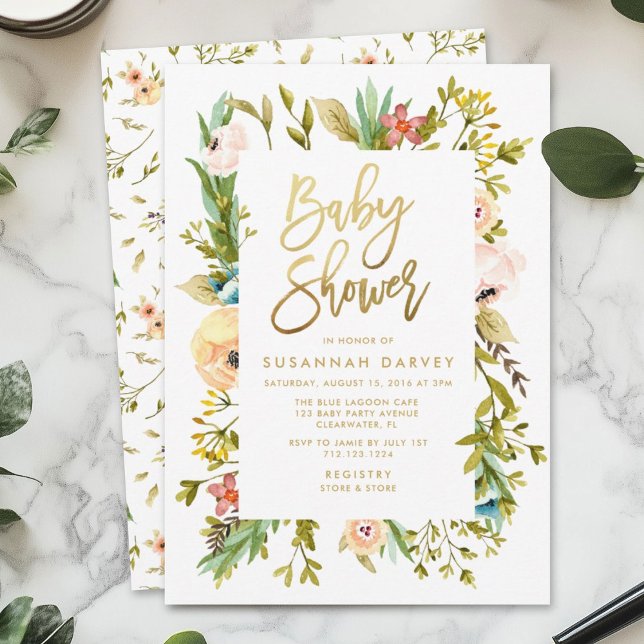 Wildflower Watercolor GOLD Calligraphy Baby Shower Invitation (Creator Uploaded)