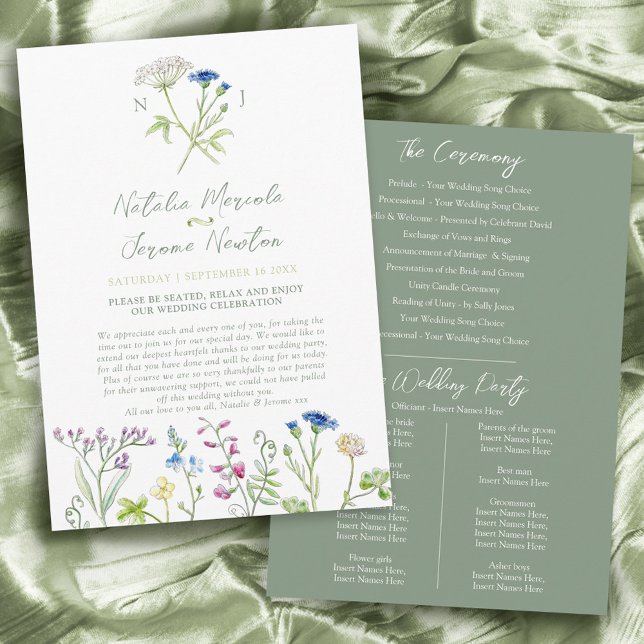 Wildflower watercolor green wedding program programme (Creator Uploaded)
