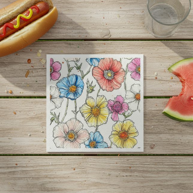Wildflower Watercolor Pastel Blue, pink, yellow Napkin (Wildflower Watercolor Pastel Blue, pink, yellow Napkins.)