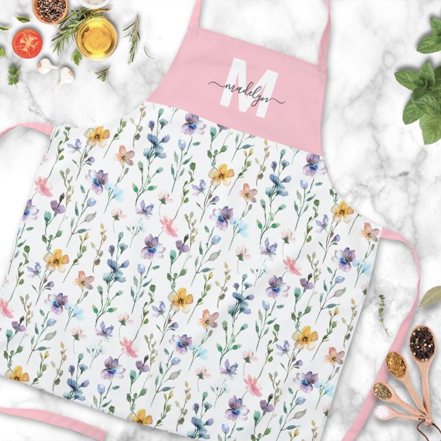 Wildflower Watercolor Pink Custom Name Apron (Wildflower Watercolor Pink Custom Name Apron)