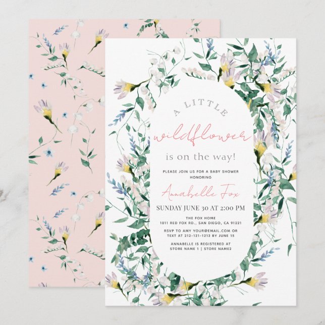 Wildflower Watercolor Pink Girl Baby Shower Invitation (Front/Back)