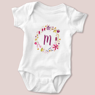 Wildflower Watercolor Wreath Monogram Initial Baby Bodysuit