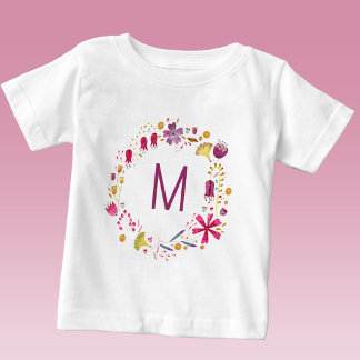 Wildflower Watercolor Wreath Monogram Initial Baby T-Shirt