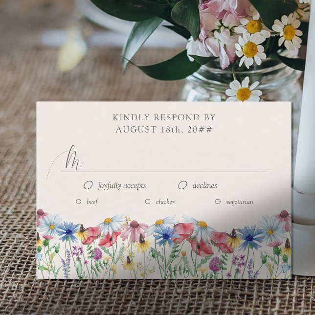 Wildflower Wedding Country Flower Entree Options RSVP Card (Wedding Reception RSVP with editable meal options and wildflower border. )
