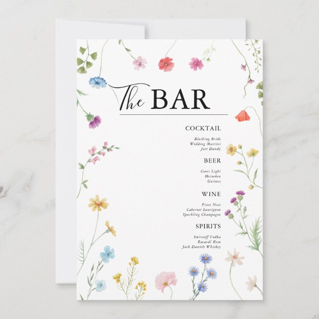 Wildflower Wedding Drinks Bar Menu Card (Front)