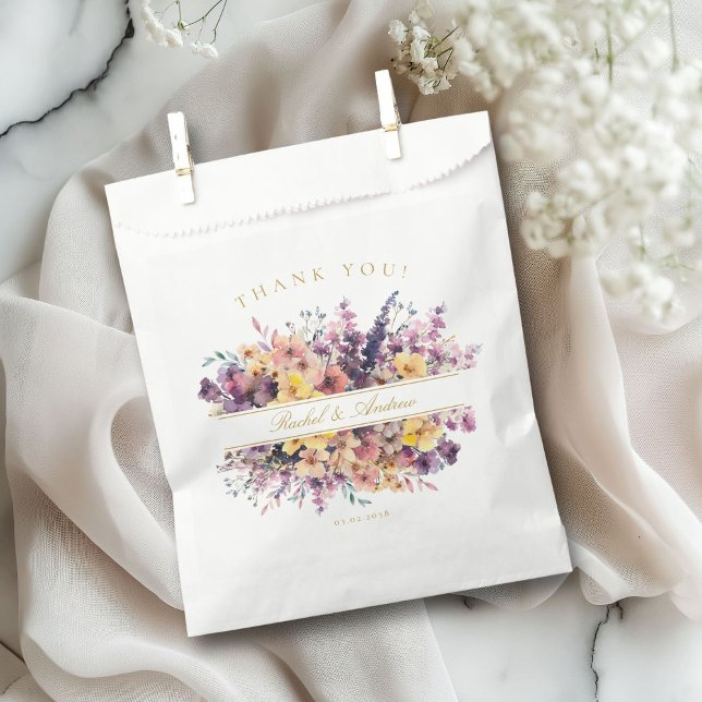 Wildflower Wedding Favour Bags (Customer-Specific "Thank you!" Wedding Favor Bag with a wild-flower bouquet & scripted font.)
