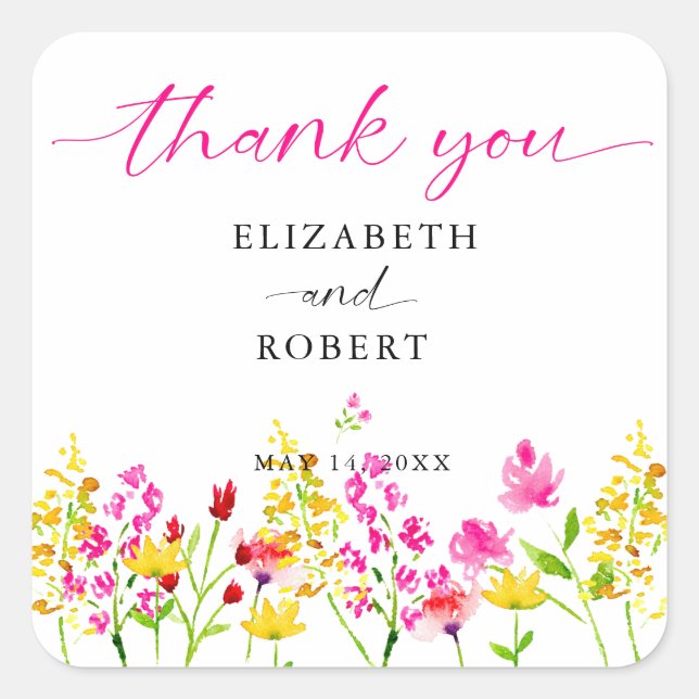 Wildflower Wedding Floral Script Elegant Spring   Square Sticker (Front)