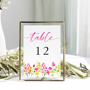 Wildflower Wedding Floral Table Number script Pink