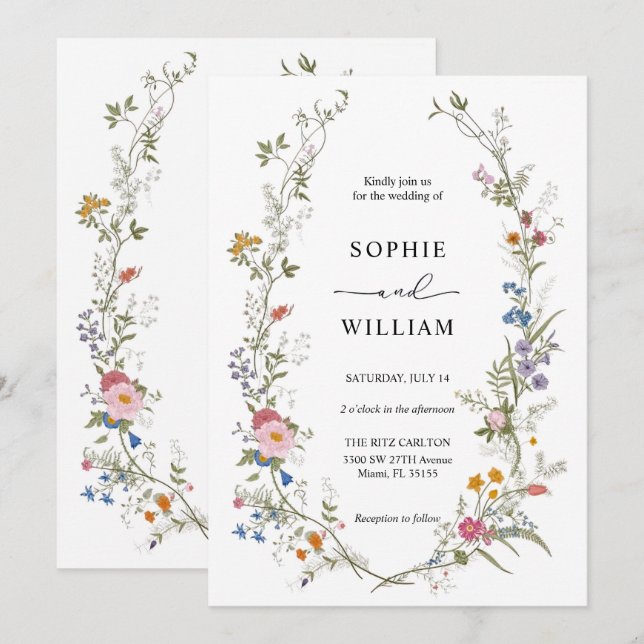 Wildflower Wedding Invitation Template, Printable  (Front/Back)
