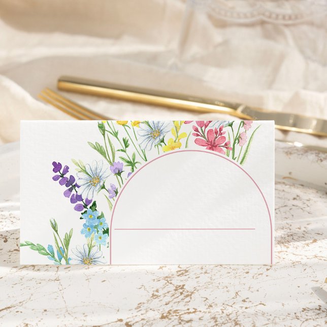 Wildflower Wedding Meadow Flower Arch Place Card (Wildflower Meadow place cards with a modern floral arch frame and delicate wild flower pattern)