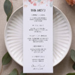 Wildflower Wedding Menu Card Template, Dinner Menu<br><div class="desc">Our Sprint Bounty Wedding Menus let family and friends know what foods will be served at your reception. Menu swirls at the top of every card in calligraphy with your delicious dish descriptions below in classic old gold typography against a white background. Watercolor illustrations of flowers adorn the left-hand side,...</div>