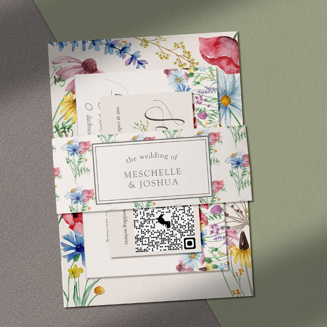 Wildflower Wedding Poppy Daisy Cornflower Floral Invitation Belly Band (Elegant belly band decorated with mini bouquets of wildflowers )