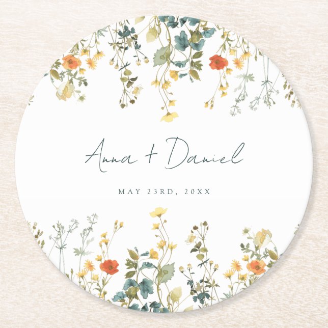 Wildflower Wedding Round Paper Coaster (Front)