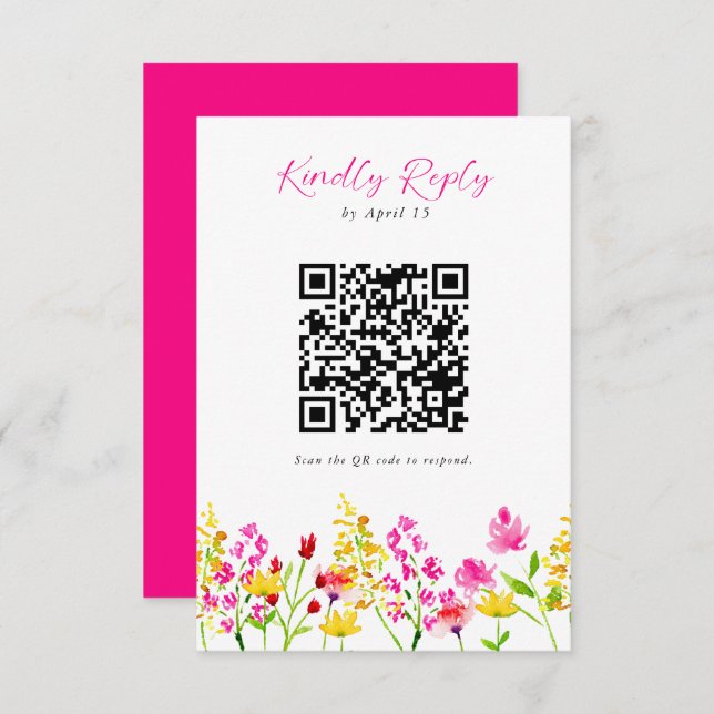 Wildflower Wedding RSVP QR Code Floral Script (Front/Back)
