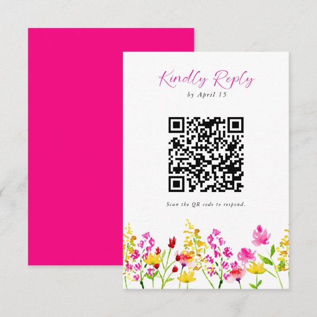 Wildflower Wedding RSVP QR Code Floral Script Card (Front/Back)