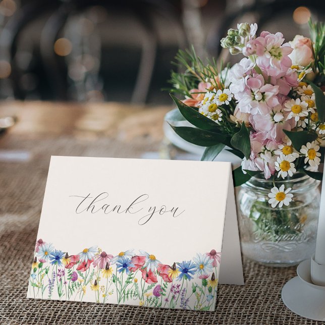 Wildflower Wedding Rustic Country Floral Thank You Card (Wedding Thank You Card with elegant script and wildflower border)