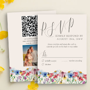 Wildflower Wedding Rustic Photo and QR Code RSVP Card