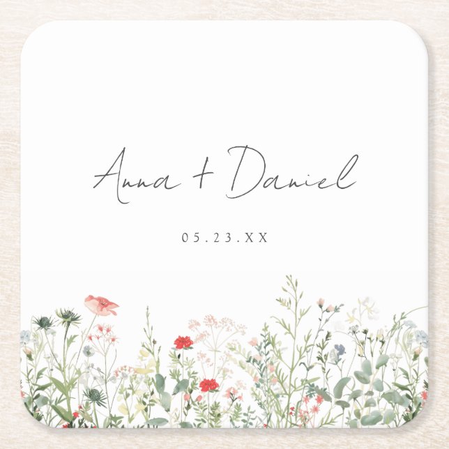 Wildflower Wedding Square Paper Coaster (Front)