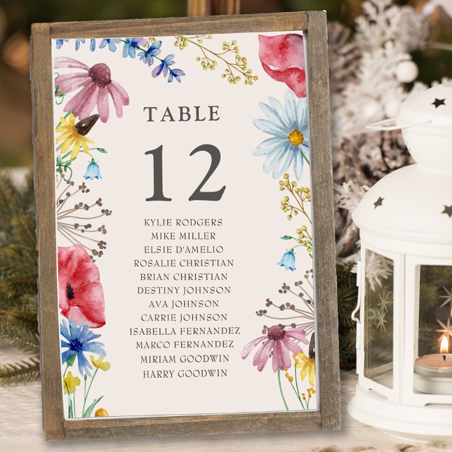 Wildflower Wedding Table Floral Seating Chart Table Number (Small table sign with wildflower floral border)