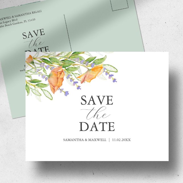 Wildflower Wedding Theme Save The Date Postcard (Save the date postcard watercolor orange florals by Victoria Grigaliunas of Do Tell A Belle)