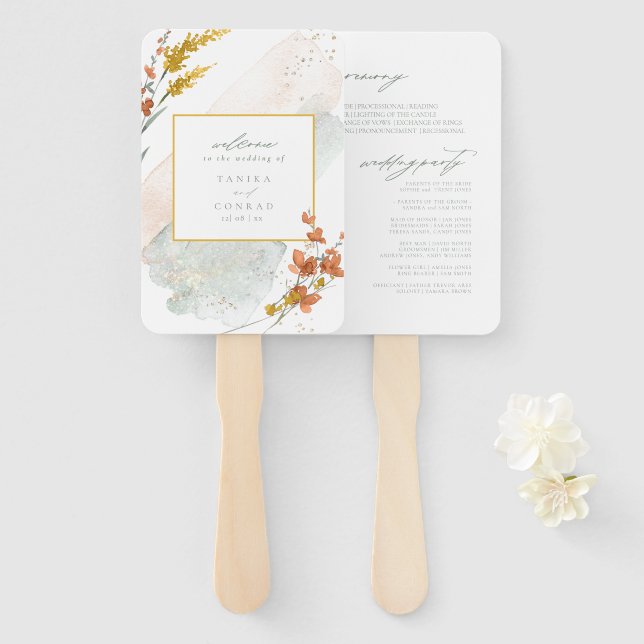 Wildflower Wedding Watercolor Ceremony Gold ID954 Hand Fan (Front and Back)
