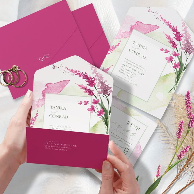 Wildflower Wedding Watercolor Fuchsia ID954 All In One Invitation (Creator Uploaded)