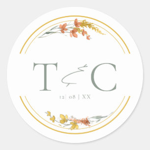 Wildflower Wedding Watercolor Initials Gold ID954  Classic Round Sticker