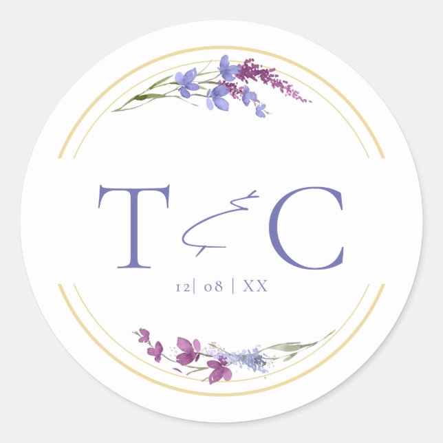 Wildflower Wedding Watercolor Initials Peri ID954 Classic Round Sticker (Front)