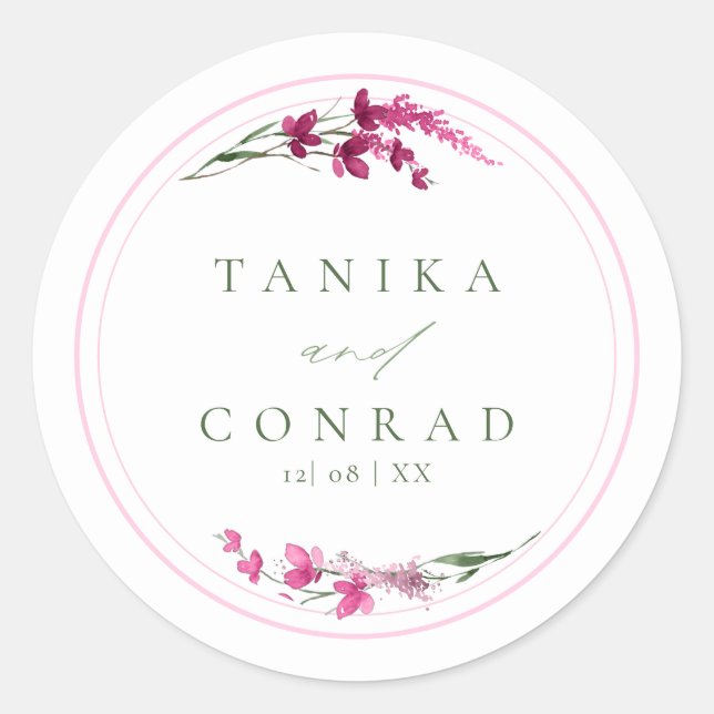 Wildflower Wedding Watercolor Names Fuchsia ID954 Classic Round Sticker (Front)