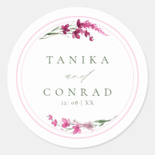 Wildflower Wedding Watercolor Names Fuchsia ID954 Classic Round Sticker