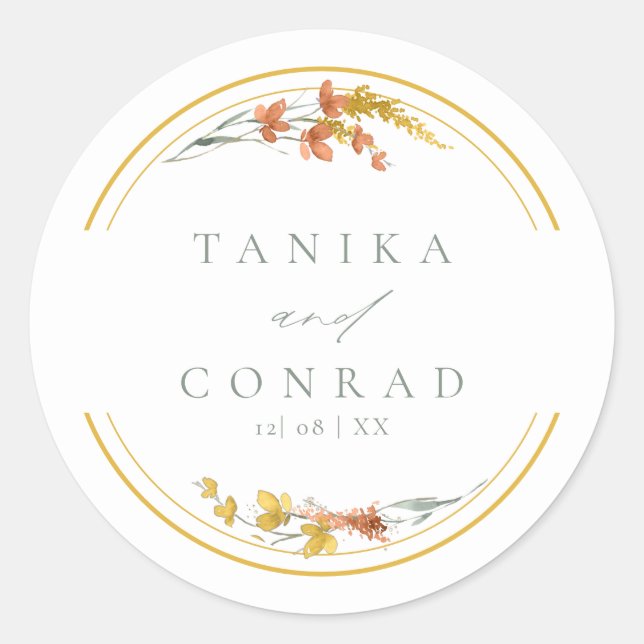 Wildflower Wedding Watercolor Names Gold ID954  Classic Round Sticker (Front)