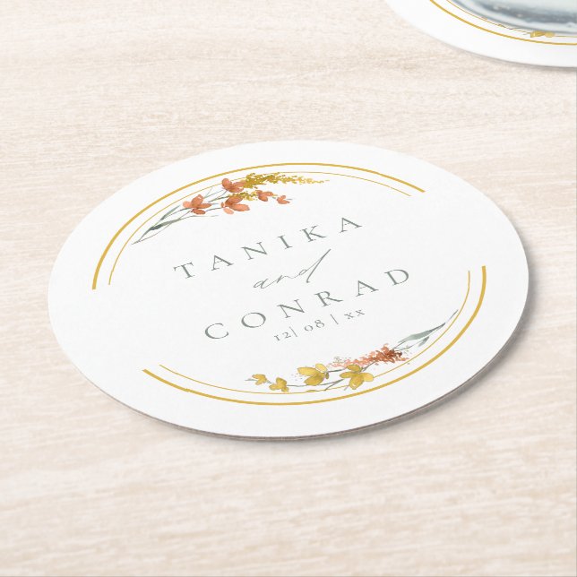 Wildflower Wedding Watercolor Names Gold ID954 Round Paper Coaster (Angled)