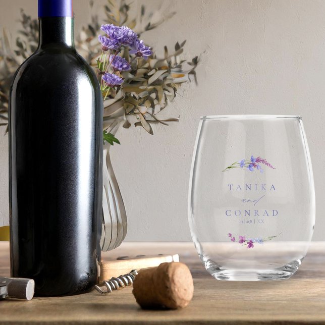 Wildflower Wedding Watercolor Names Peri ID954 Stemless Wine Glass (Creator Uploaded)