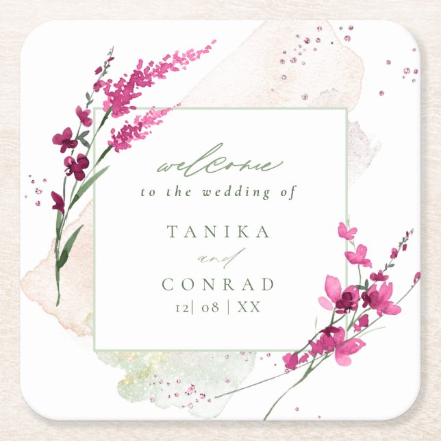 Wildflower Wedding Watercolor Welcome Fsia ID954 Square Paper Coaster (Front)