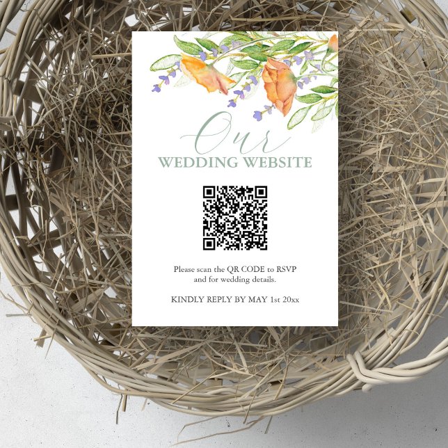 Wildflower Wedding Website RSVP Card with QR Code (Wedding website insert card with QR code features unique watercolor floral art Victoria Grigaliunas)