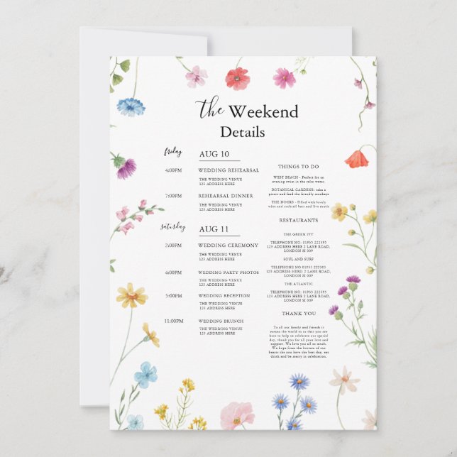 Wildflower Wedding weekend itinerary Timeline Card (Front)