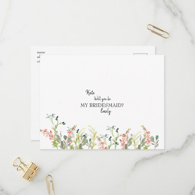 Wildflower Wedding Will You Be My Bridesmaid Invit Invitation Postcard (Front/Back In Situ)