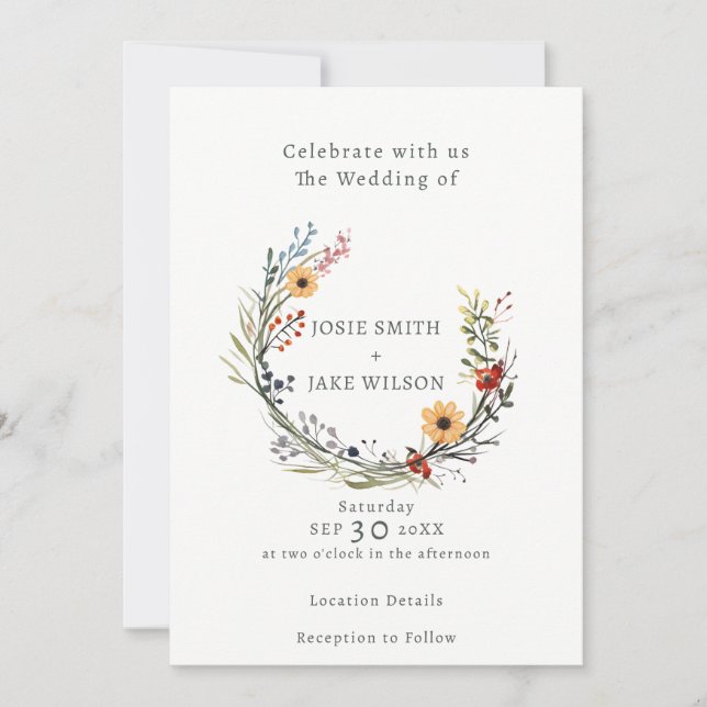 Wildflower wedding wreath wedding invitation (Front)
