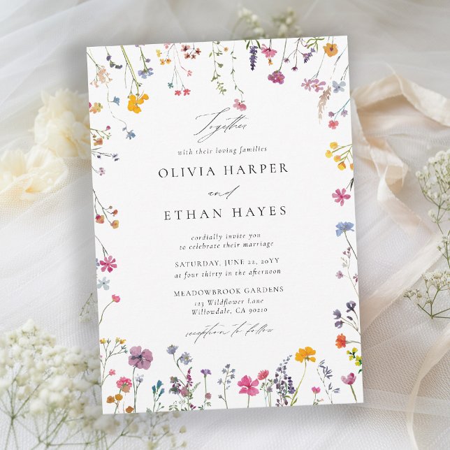 Wildflower Whimsy Watercolor Elegant Chic Wedding Invitation (wildflower wedding theme invitation watercolor garden backyard barn summer spring elegant stylish)