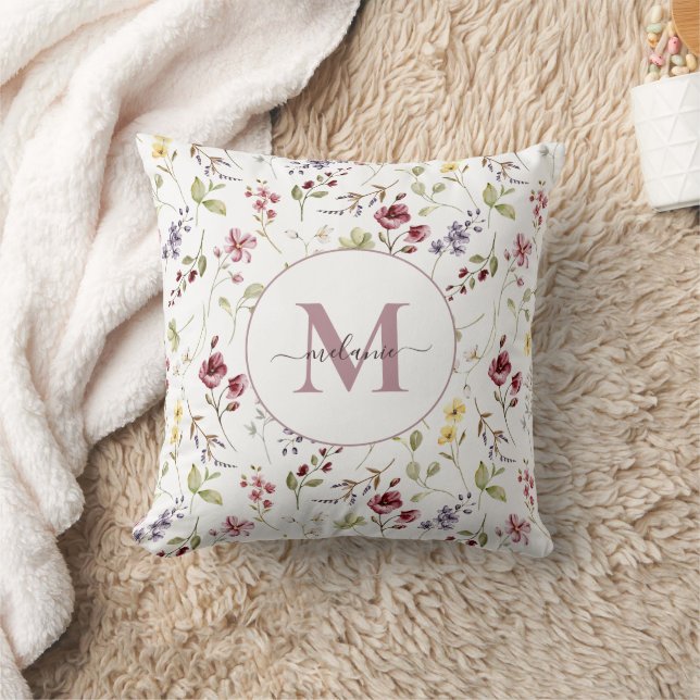 Wildflower White Mauve Monogram Gift Throw Pillow (Blanket)