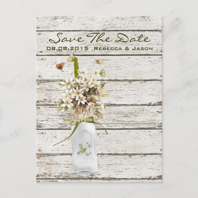 wildflower whitewashed wood french country wedding announcement postcard (Front)
