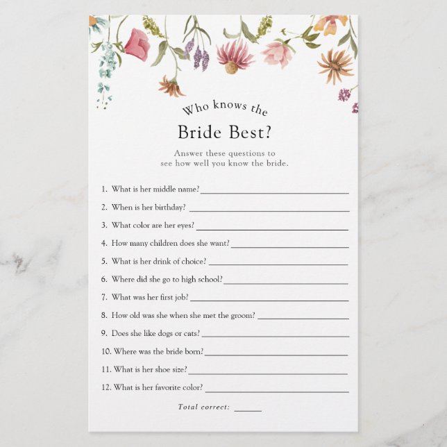 Wildflower Who Knows the Bride Best Bridal Game (Front)