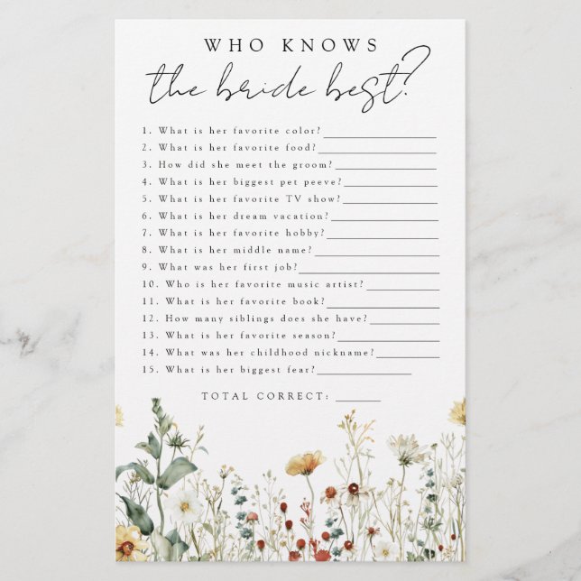 Wildflower Who Knows the Bride Best Shower Game (Front)