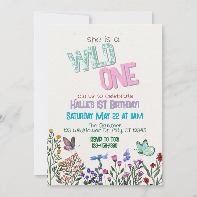 WIldflower Wild One birthday Invitation (Front)